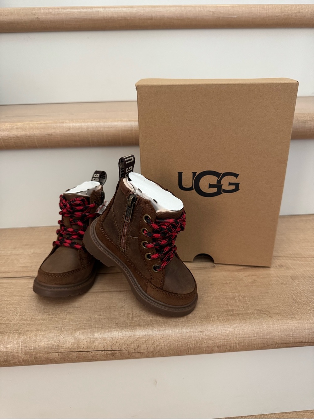 UGG Kids Brown Leather Hiking Boots with Red & Black Laces